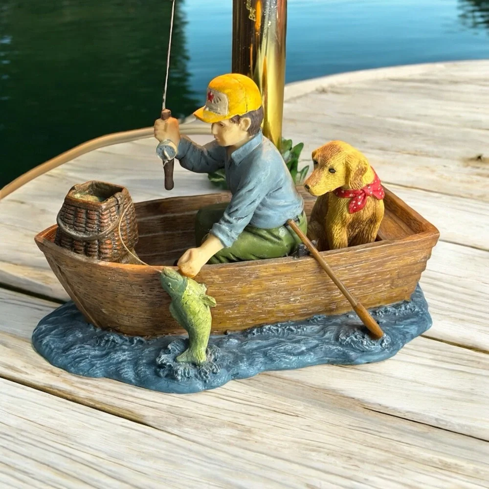 Vintage JSNY Decorative Fisherman Table Accent Lamp Night Light Row Boat Dog